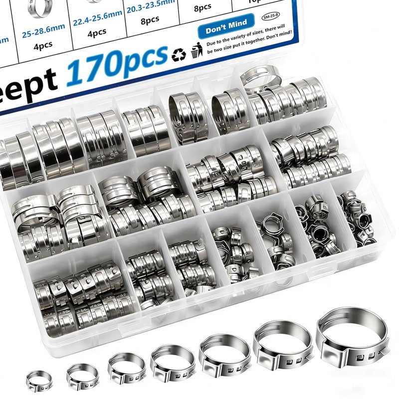Seept 170Pcs 13 Sizes 304 Stainless Steel Single Ear Hose Clamps 5.3-31.6mm Crimp Hose Clamps Assortment Kit Perfect for Automotive/Home Appliance/Water Pipe and Fuel Line - Image 1